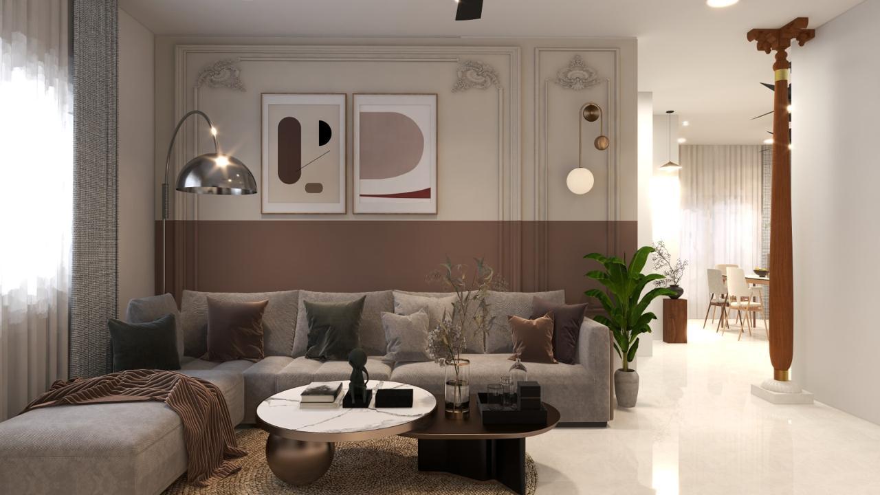 Elegant modern living room with contemporary furniture, ambient lighting, and sophisticated interior design by Interiors by KN